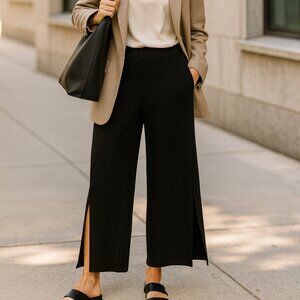 Eileen Fisher Black Wide Leg Ribbed Tencel Pull-On Pants with Slits Size M NWT